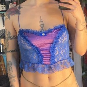 Unique sexy blue satin and lace top- bright popping jewel tone color! Size M